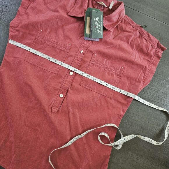 NWT Woolrich Womens Red Relaxed Fit Chambray Shirt Sm Short Sleeve 3/4 Buttons - Picture 2 of 9